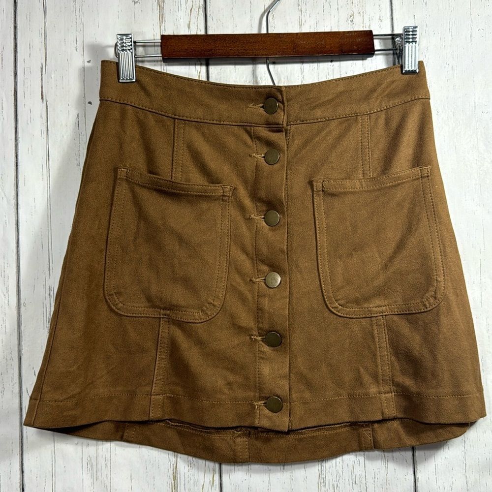 Altar'd State Faux Suede Womens Mini Skirt Button Front Brown Pockets Fitted